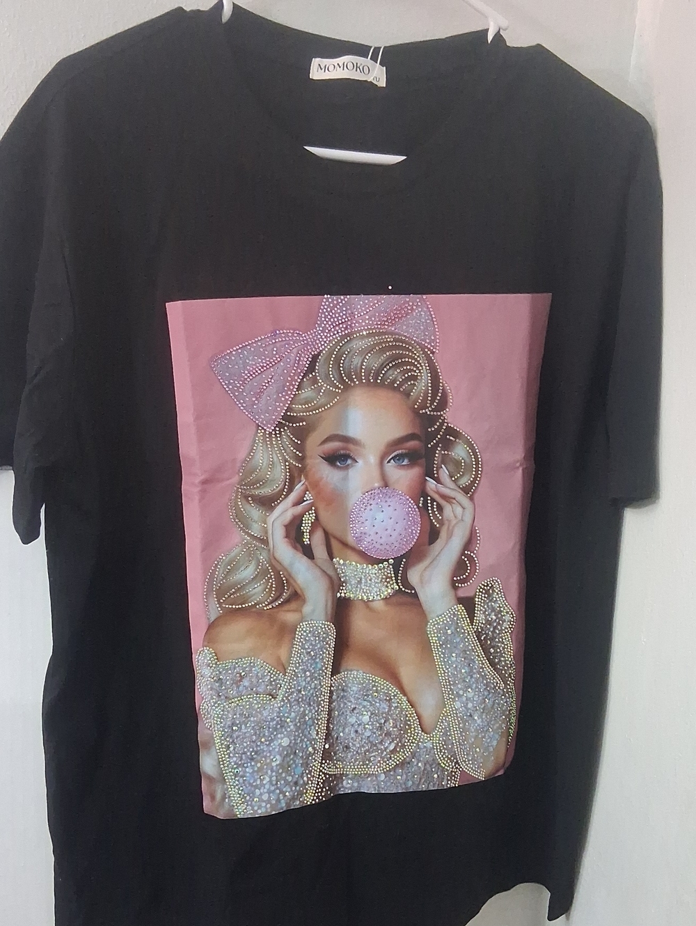Momoko Black Graphic Tee with Pink Glitter Girl Print